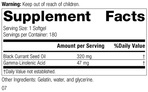 - Black Currant Seed Oil, 180 Softgels, Rev 07, Supplement Facts