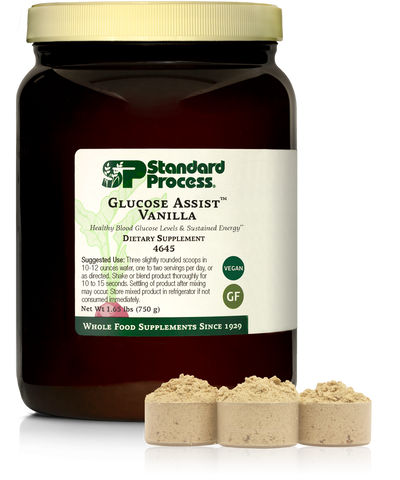 - Glucose Assist Vanilla jug next to three scoops of powder