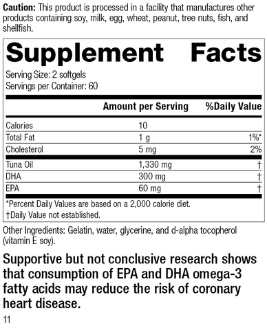 - Tuna Omega-3 Oil, 120 Softgels, Rev 11 Supplement Facts