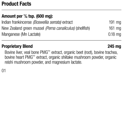 - A bottle of Canine Musculoskeletal Support, a powder supplement for dogs’ muscles, ligaments and bone health, next to an image of the powder supplement.