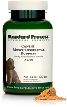 Load image into Gallery viewer, A bottle of Canine Musculoskeletal Support, a powder supplement for dogs’ muscles, ligaments and bone health, next to an image of the powder supplement.