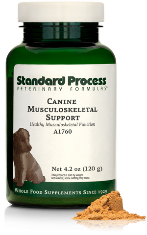 - A bottle of Canine Musculoskeletal Support, a powder supplement for dogs’ muscles, ligaments and bone health, next to an image of the powder supplement.