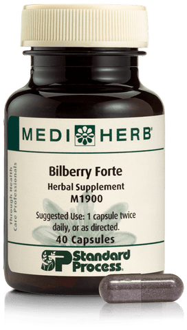 - An image of herbal supplement Bilberry Forte next to a capsule.