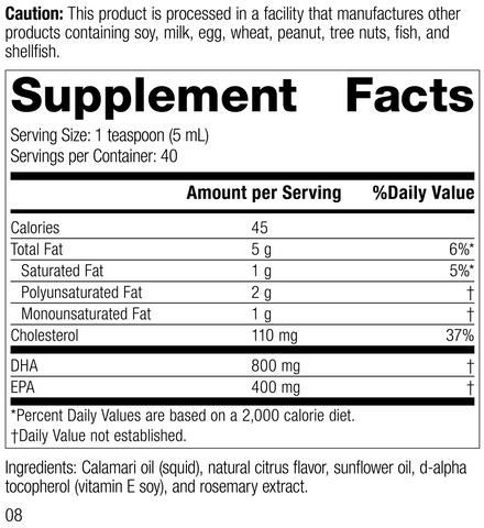  - Calamari Omega-3 Liquid, 200 mL, Rev 08 Supplement Facts
