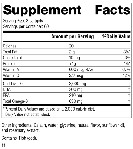  - Cod Liver Oil, 180 Softgels, Rev 11 Supplement Facts