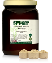 Load image into Gallery viewer, Glucose Assist Vanilla jug next to three scoops of powder