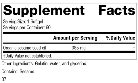  - Sesame Seed Oil, 60 Softgels, Rev 07 Supplement Facts