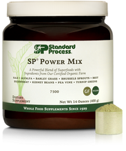 Load image into Gallery viewer, Tub of SP Power Mix next to a scoop of the green powder.