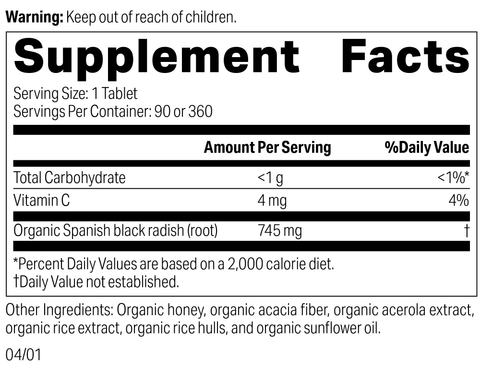  - Spanish Black Radish,90 Tablets, Rev 04 Supplement Label