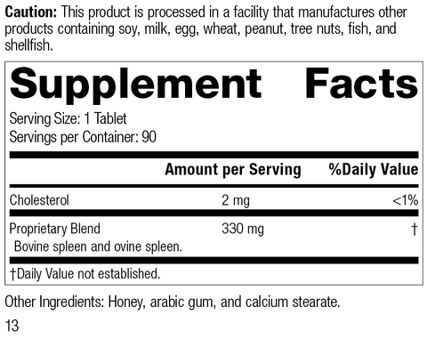  - 7600 Spleen Desiccated R13 Supplement Facts