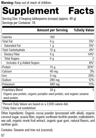  - Veg-E Complete Pro™ Chocolate, 26 Ounces, Rev 07 Supplement Facts