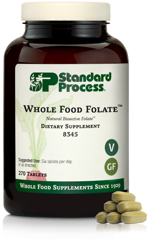  - An image of a bottle of Whole Food Folate, next to 6 tablets. 