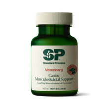 Load image into Gallery viewer, A bottle of Canine Musculoskeletal Support, a powder supplement for dogs’ muscles, ligaments and bone health, next to an image of the powder supplement.