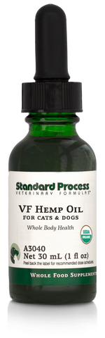  - Image of a bottle of liquid VF Hemp Oil from Standard Process Veterinary Formulas next to a dropper that is included with the bottle.