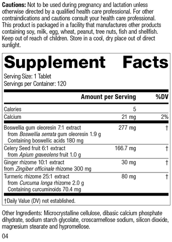  - Boswellia Complex, 120 Tablets, Rev 04 Supplement Facts