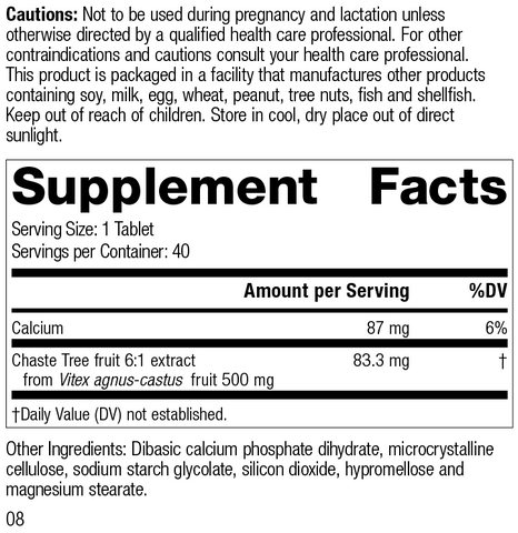  - Chaste Tree, 40 Tablets, Rev 08 Supplement Facts Image