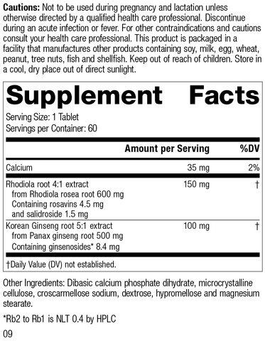  - Rhodiola & Ginseng Complex, Rev 09 Supplement Facts