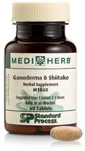 Load image into Gallery viewer, A bottle of Ganoderma &amp; Shiitake herbal supplement next to a tablet.