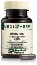 Load image into Gallery viewer, An image of herbal supplement Bilberry Forte next to a capsule.