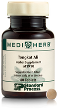 Load image into Gallery viewer, A bottle of MediHerb® Tongkat Ali, a testosterone support supplement for older men, next to a tablet of the supplement.
