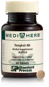 A bottle of MediHerb® Tongkat Ali, a testosterone support supplement for older men, next to a tablet of the supplement.