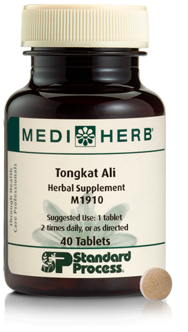  - A bottle of MediHerb® Tongkat Ali, a testosterone support supplement for older men, next to a tablet of the supplement.